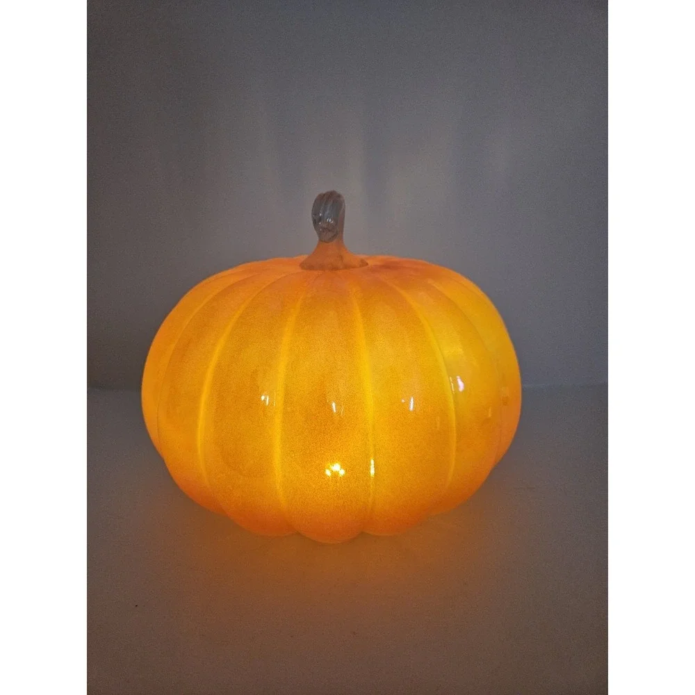 Orange Pink Iridescent Glass Pumpkin Light Up LED Amber Luster Fall Decor 8